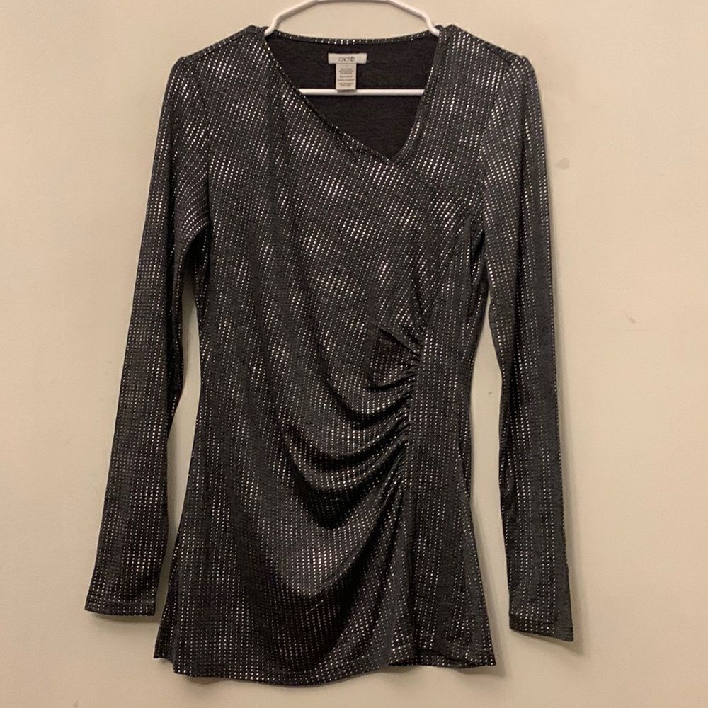 Cache long sleeve black beaded side gathered blouse Size S NWOT